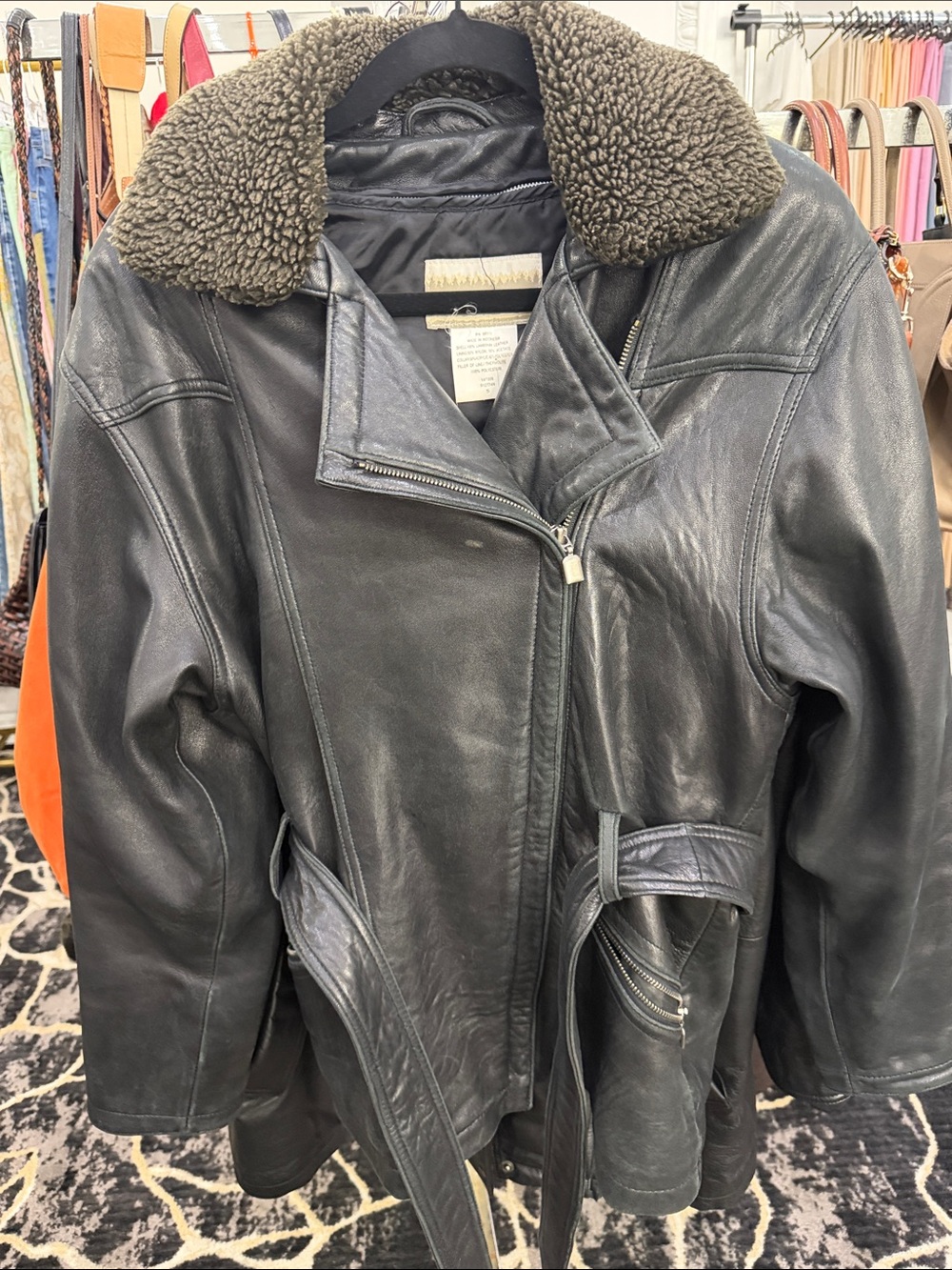 Coldwater Creek Black Leather Jacket with Sherpa Collar